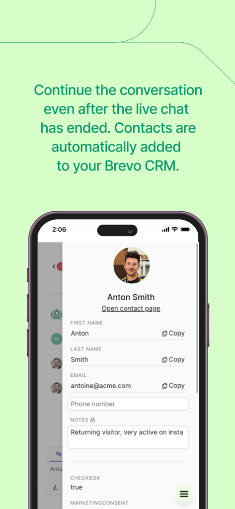 Contact profile view in the Conversations by Brevo mobile app illustrating CRM integration.