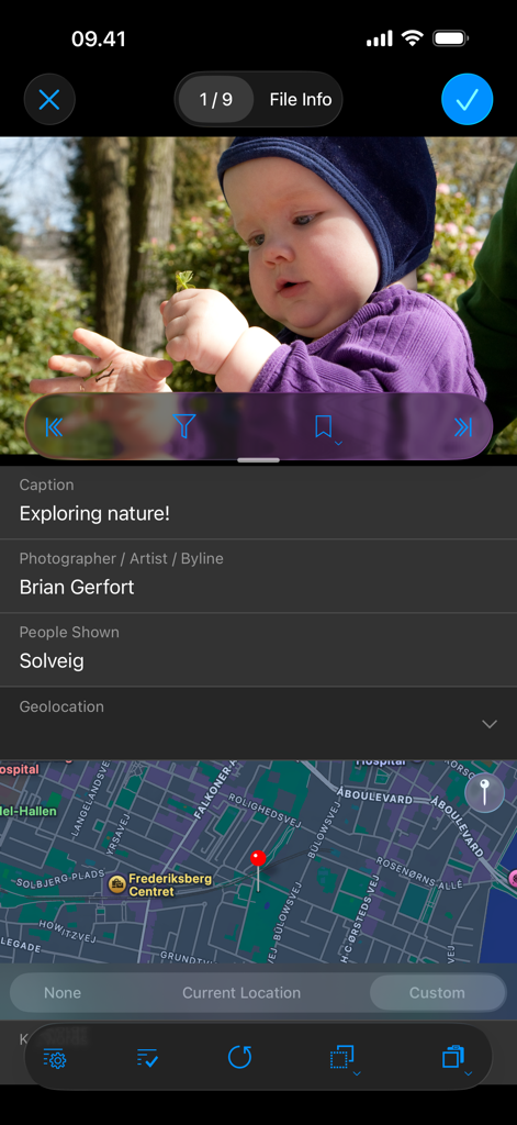Interface of ShutterSnitch app displaying photo details including caption, photographer name, and map location
