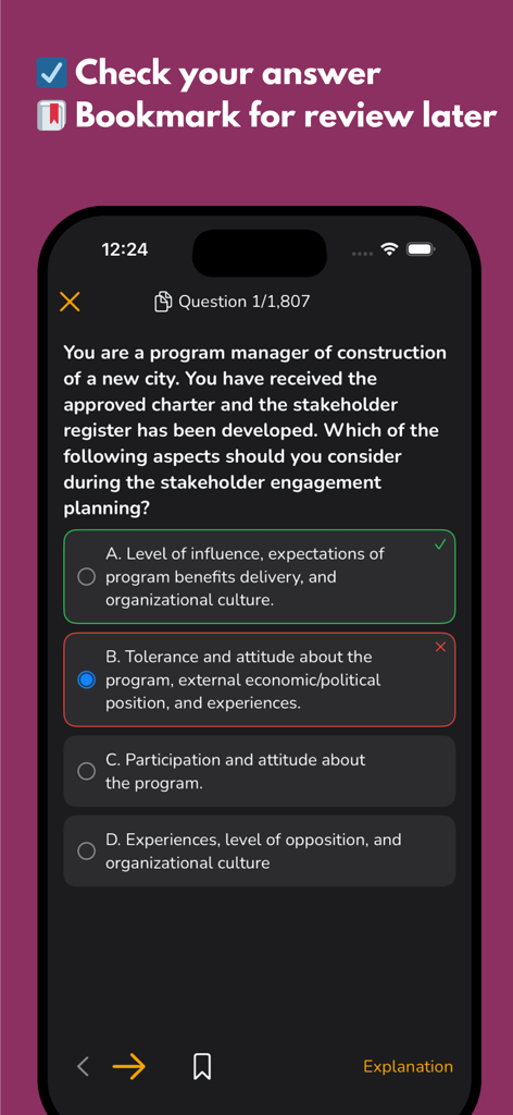 PgMP exam practice question interface showing correct and incorrect answer feedback