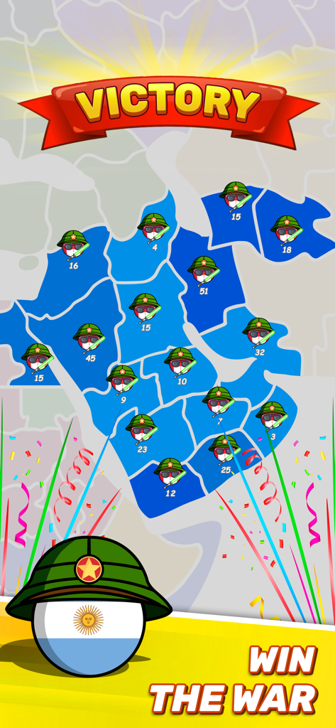 Victory screen in Country Balls World Battle showing a map and an Argentina country ball character.