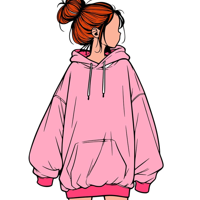 realistic girl with a oversized sweatshirt on and a bun