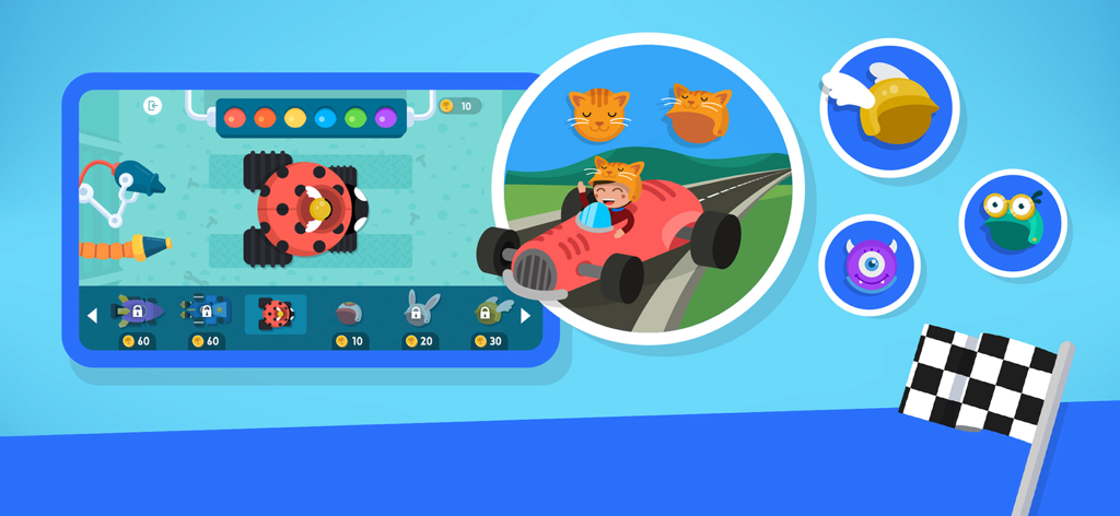 Pantalla de juego educativo que muestra el menú de personalización del coche y un niño conduciendo un coche de carreras rojo
