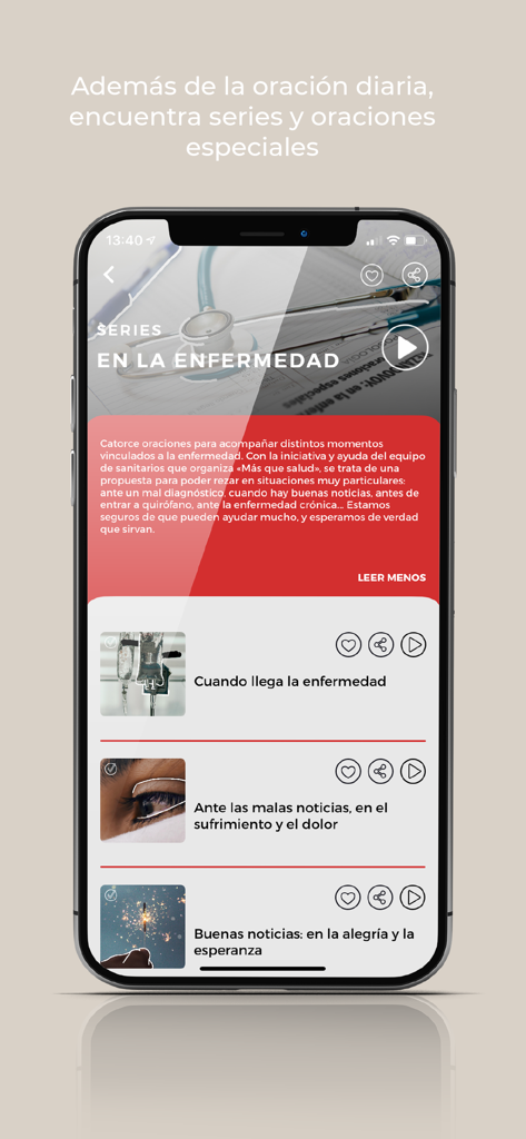 Rezandovoy - Smartphone display of Rezandovoy app featuring a series of prayers for times of illness