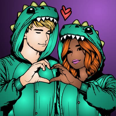 realistic couple wearing matching dinosaur onesies with heart hand gesture