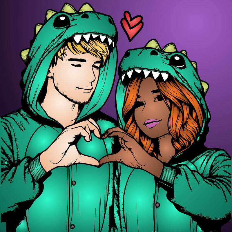 realistic couple wearing matching dinosaur onesies with heart hand gesture