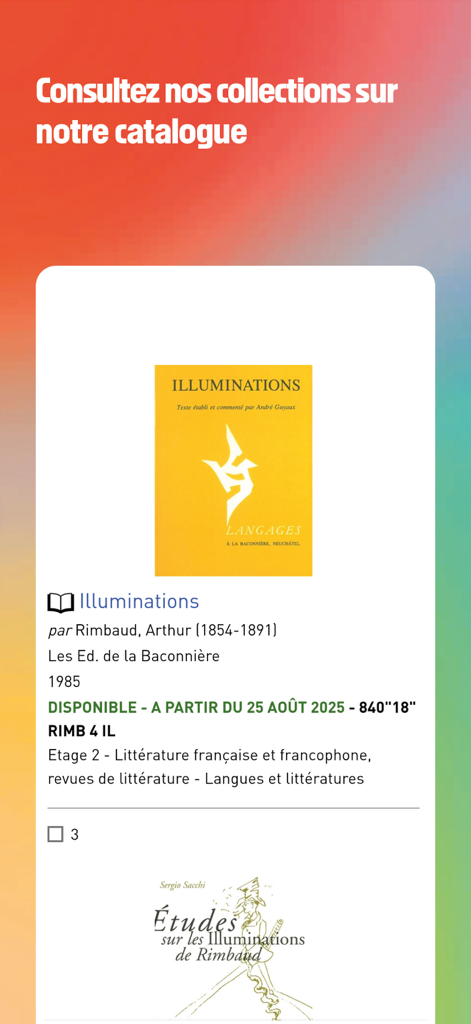 Bpi Lumière - Bpi Lumière app screen showing a search result for Arthur Rimbaud's Illuminations in the library catalog with availability and location details.