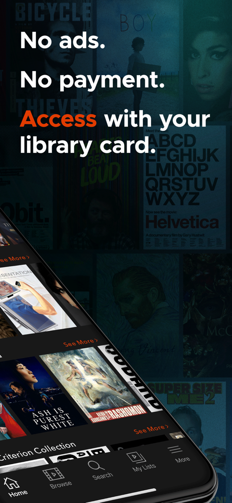 Kanopy - Kanopy mobile app interface showing movie titles and stating free access with a library card.