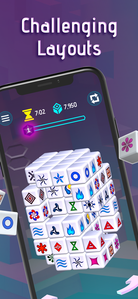 Mahjong Dimensions - 3D Cube - A 3D Mahjong cube puzzle showing challenging layouts on a smartphone screen.