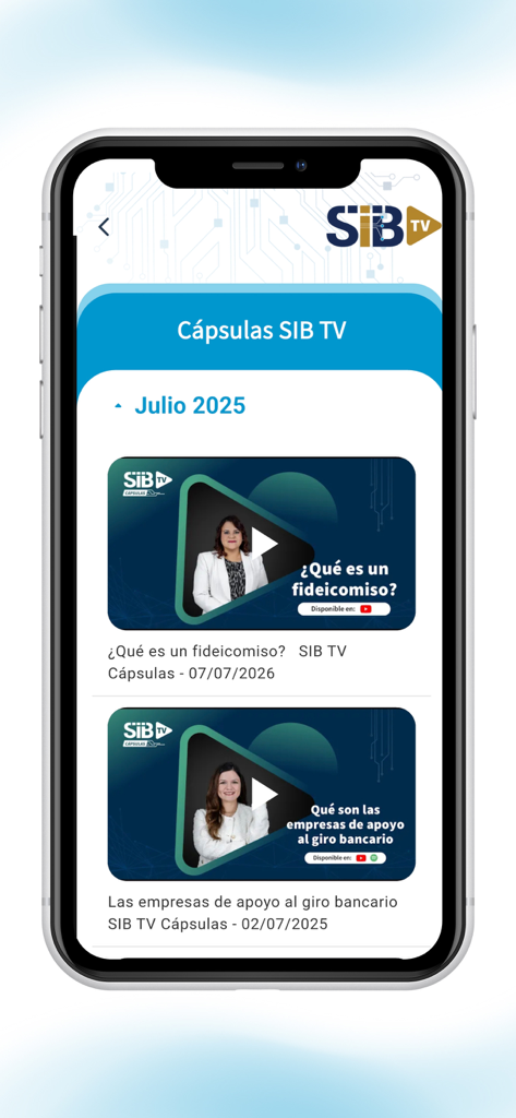 SIB Guatemala - Mobile screen displaying educational financial video capsules from SIB TV on the SIB Guatemala app.