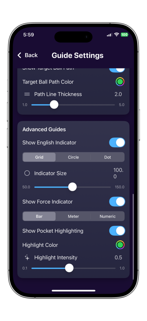 Aim Master 8 Ball Pool - Advanced guide settings menu in Aim Master 8 Ball Pool showing path thickness and trajectory indicators