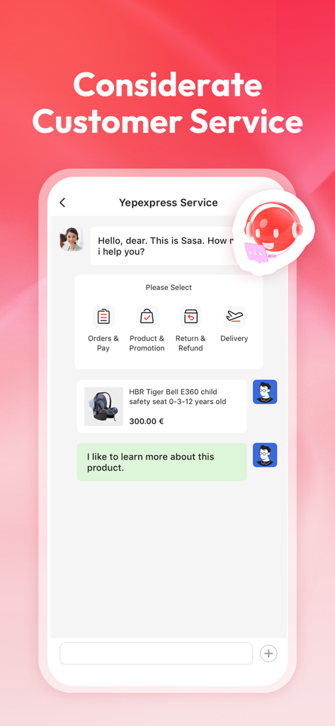 Yepexpress app customer service chat interface showing support options for orders returns and delivery