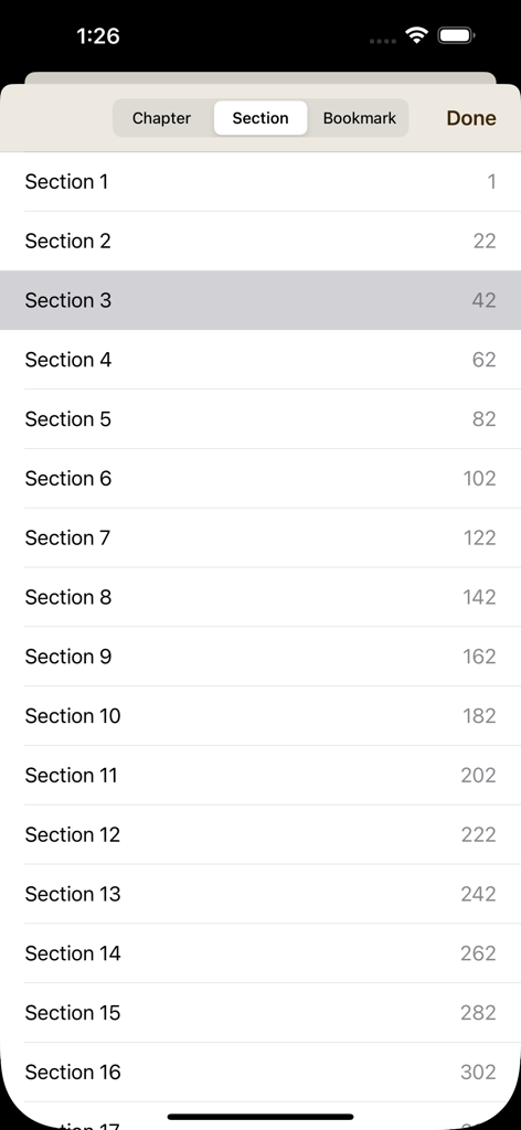 A minimalist list of Quran sections with page numbers in the navigation menu of the Simple Quran mobile app.