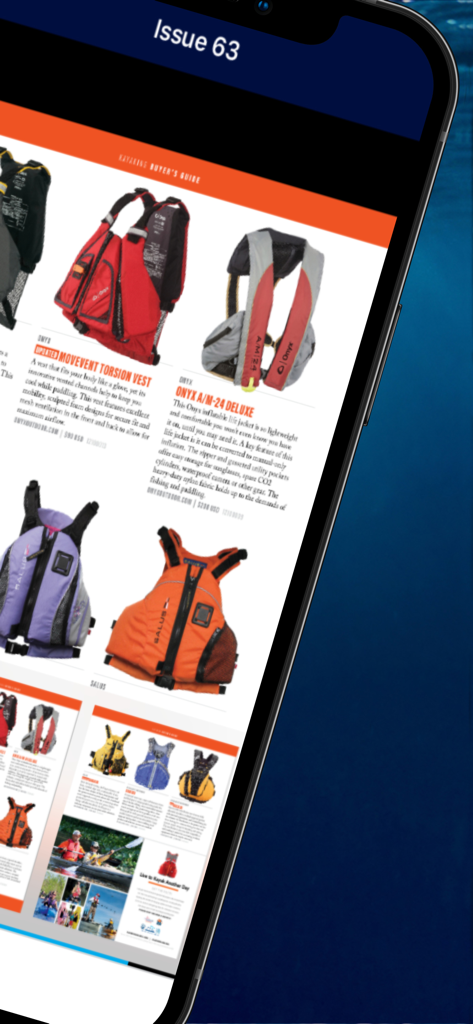 Paddling Magazineアプリ内のカヤック用ライフジャケットのデジタルギアガイド
