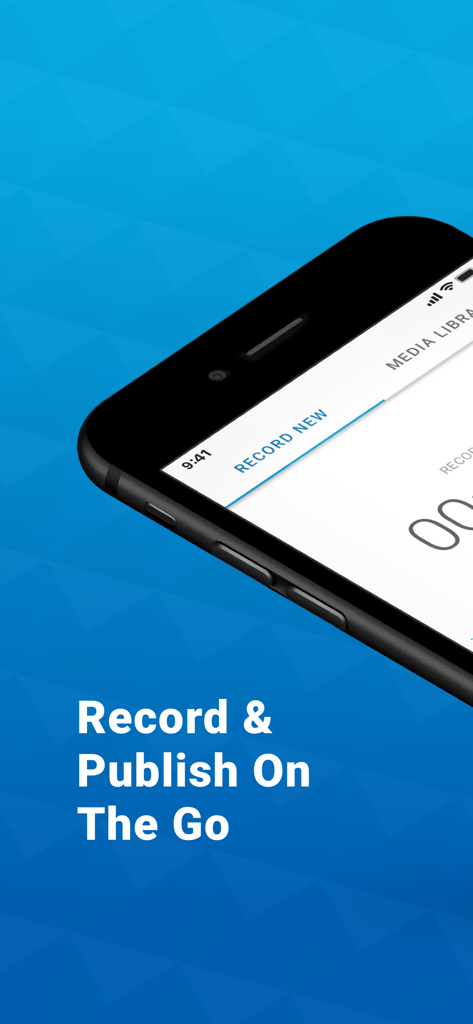 Podomatic Podcast Recorder - Oberfläche der Podomatic-App, die den Bildschirm zum Aufnehmen und Veröffentlichen unterwegs anzeigt.