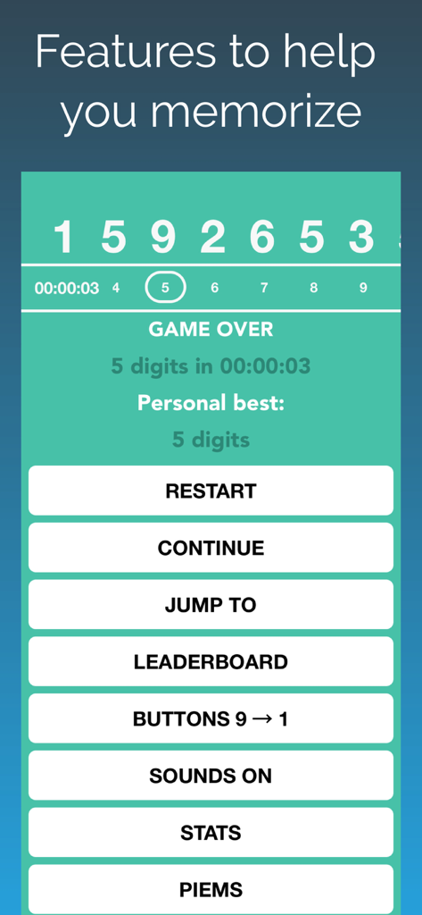 Interface of the Pi - The Game app showing a game over screen with stats and features like leaderboard, sounds, and piems mnemonic tool.
