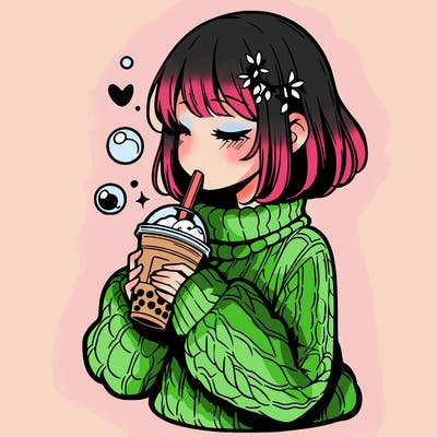 manga girl drinking boba in cozy sweater