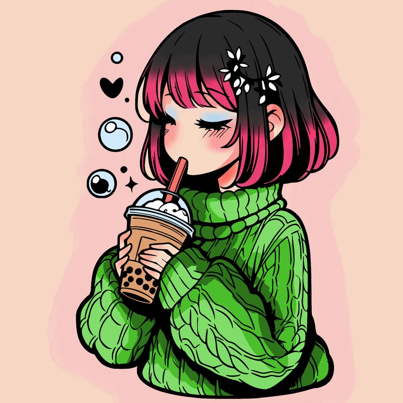 manga girl drinking boba in cozy sweater