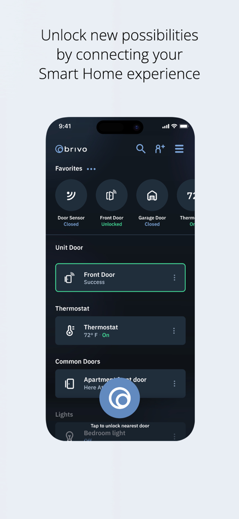 A smartphone screen showing the Brivo Mobile Pass app interface with controls for doors, thermostat, and lights.