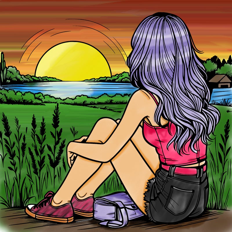 realistic girl sitting and watching the sunset