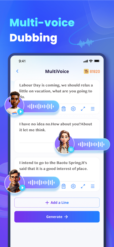 VoxBox-AI Text to Speech - Interfaz de la aplicación VoxBox que muestra doblaje de múltiples voces para crear diálogos IA con varios personajes
