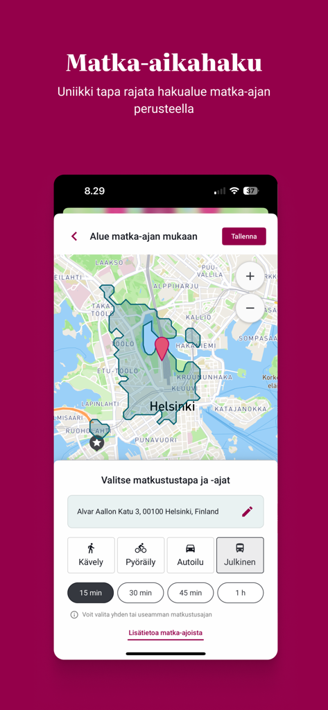 Etuovi.com real estate app showing travel-time search results on a map