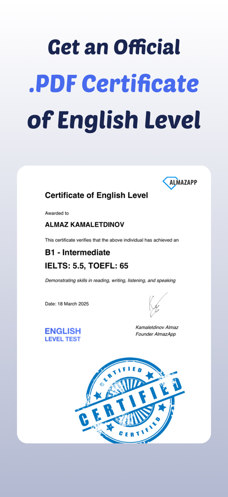 English Level Test - A sample official PDF certificate from the English Level Test app showing a B1 Intermediate level and equivalent IELTS and TOEFL scores