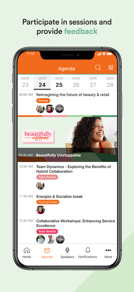Ulta Beauty FLC - Ulta Beauty FLC mobile app agenda screen showing scheduled sessions and event timeline