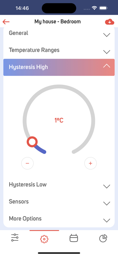 proSmart Mobile-App-Oberfläche, die Einstellungen für Schlafzimmertemperatur und Hysterese mit einem kreisförmigen Einstellregler zeigt