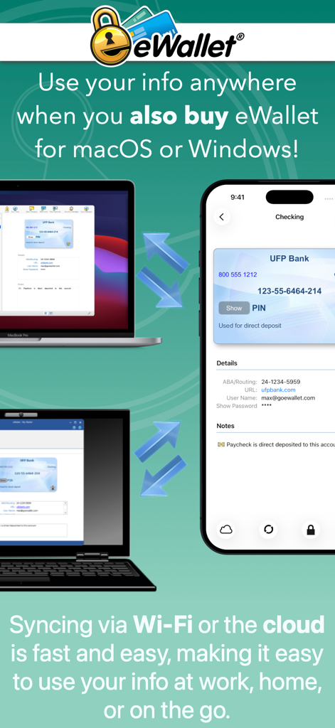 eWallet - Password Manager - Aplicación eWallet mostrando sincronización de datos entre un iPhone y ordenadores de escritorio