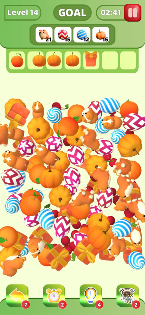 Triple Match 3D Toy Blast Game - Pantalla de juego de Triple Match 3D Toy Blast que muestra una pila de coloridos objetos y juguetes 3D para organizar y combinar.