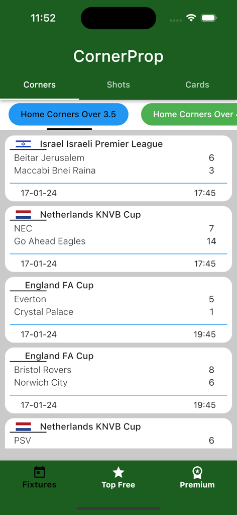 CornerProp- Team Corners Tips - CornerProp mobile app screen showing soccer match fixtures and corner statistics