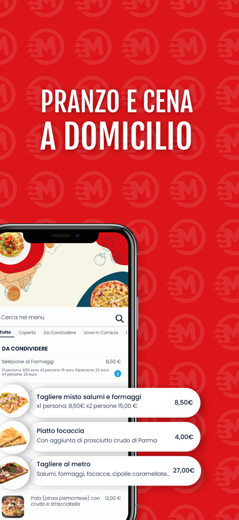 Mangiatutto Delivery mobile app showing Italian food menu items like salumi and focaccia