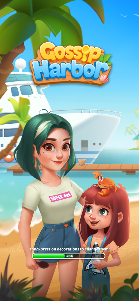 Gossip Harbor loading screen featuring characters Quinn Castillo and a young girl on a beach with a yacht background.