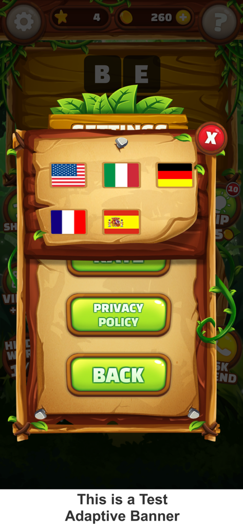 Language selection screen in the Word Jungle app showing flags for English Italian German French and Spanish