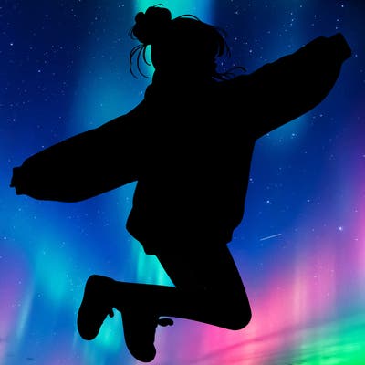 realistic girl jumping with a bun and oversized sweatshirt