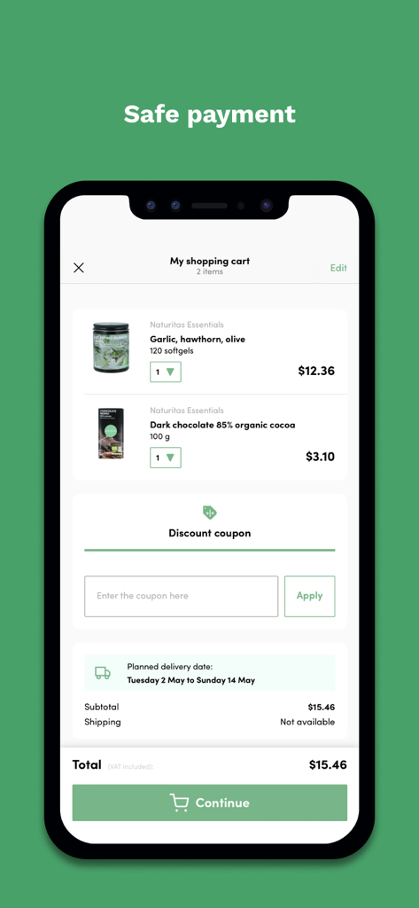 Naturitas: Natural Health - The shopping cart screen of the Naturitas app showing organic supplements and dark chocolate with a safe payment header