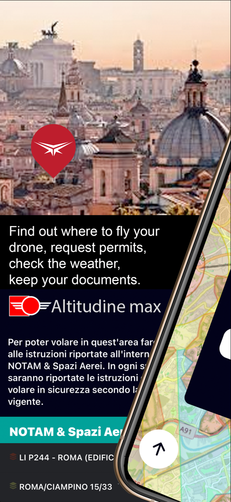 D-Space app interface showing Italian drone airspace maps and flight compliance features