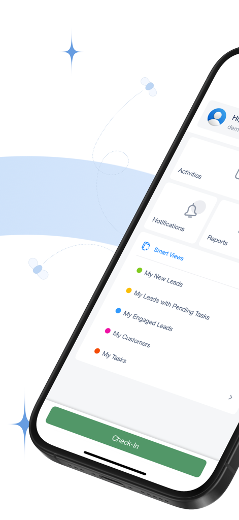 Painel do aplicativo móvel LeadSquared CRM mostrando categorias de leads e um grande botão verde de Check-In para representantes de vendas de campo.