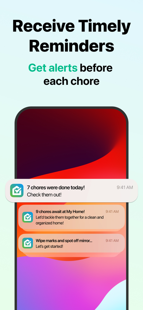 Smartphone screen displaying chore reminders and notifications from the Home Tasker app