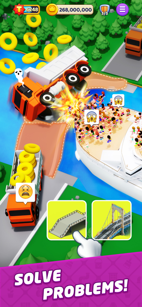 Top Tycoon mobile game screenshot showing a bridge building puzzle to resolve a truck accident