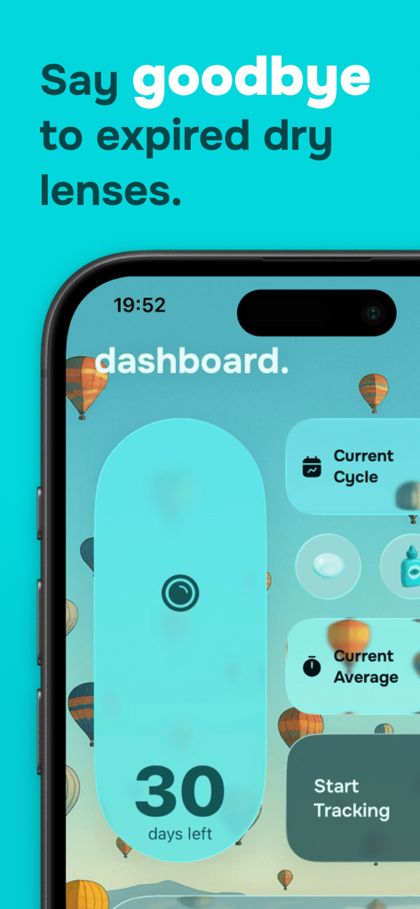 Lenso - Contact Lenses Tracker - Panel de la aplicación Lenso que muestra una cuenta regresiva de 30 días para el reemplazo de lentes de contacto
