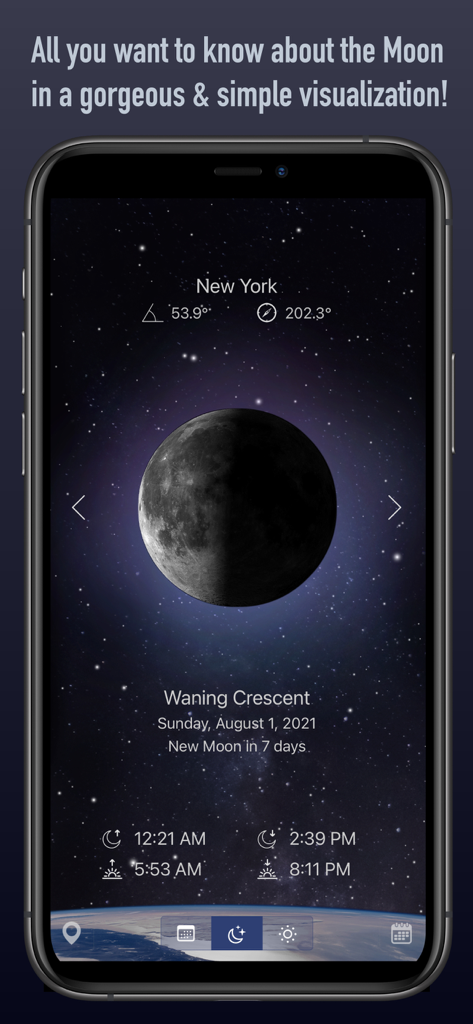 Moon Plus - Calendar + Compass - Moon Plusアプリのスクリーンショット。月の出没時刻とともに、詳細な下弦の月のフェーズ表示（ニューヨークの場合）を示しています。