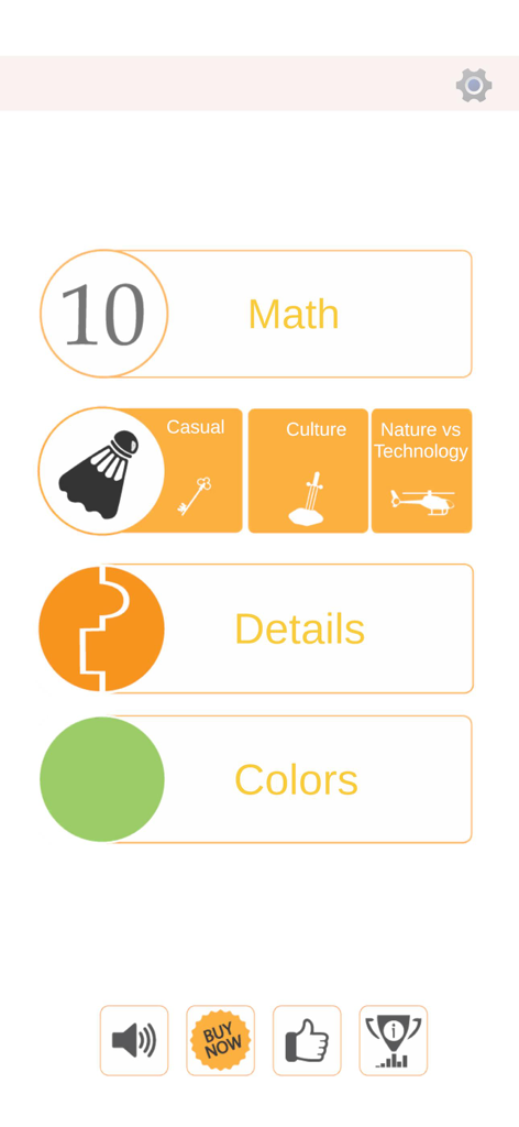 Main menu screen of Fit brains trainer app showing game categories like math details and colors