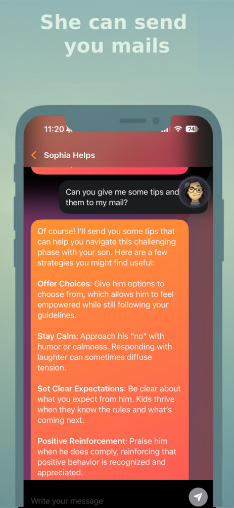 Interfaz de chat de Sophia Helps AI mostrando consejos de crianza positiva y resúmenes por correo electrónico