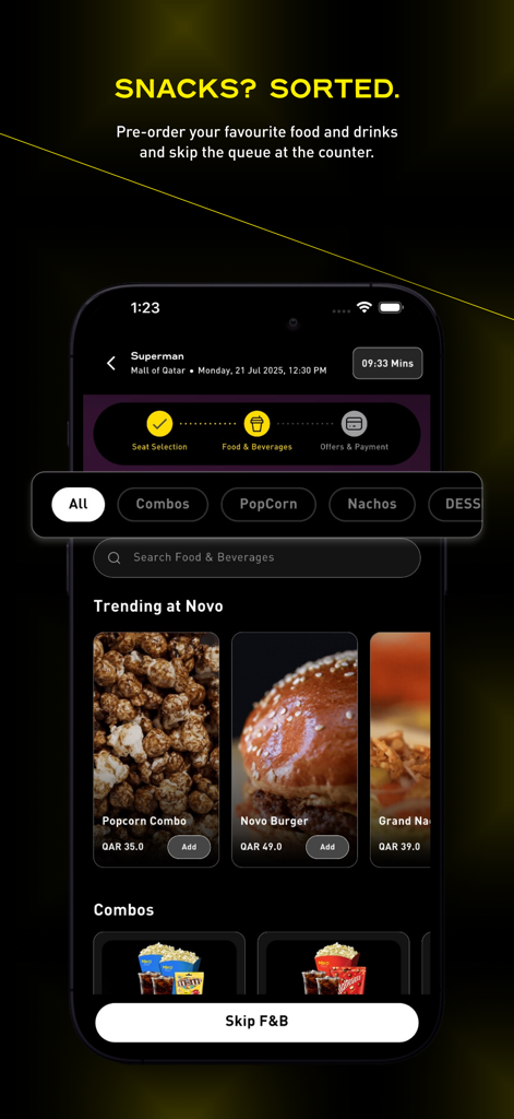 Interfaccia dell'app mobile Novo Cinemas per il pre-ordine di snack e bevande per il cinema.
