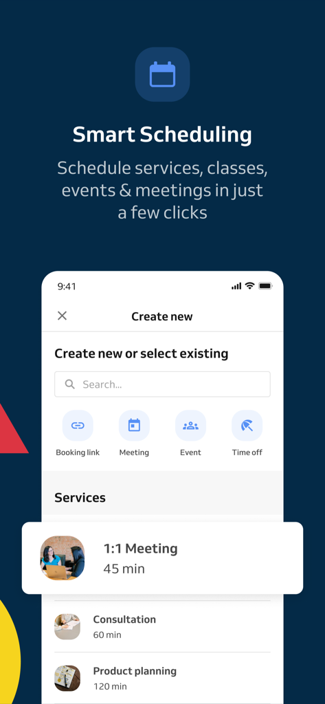 Interface de l'application mobile Reservio Business pour la planification intelligente des services et des réunions