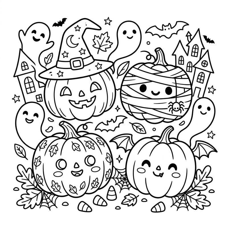 Get ready for a super cute Halloween with this delightful coloring page featuring kawaii pie pumpkins! Surround yourself with friendly ghosts, spooky-sweet jack-o'-lanterns, and whimsical haunted houses, perfect for a fun coloring session.