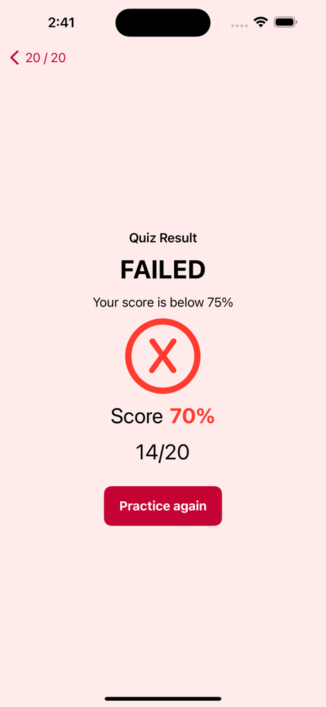 Canada Quiz. - カナダクイズアプリの不合格結果画面。スコア70%が表示されています。