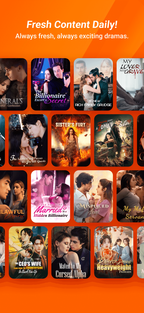 DramaReels: Dramas and Series - Ein Raster mit Postern von trendigen Kurz-Drama- und Mini-Serien in der DramaReels-App, das verschiedene Genres wie Romantik und Thriller zeigt.