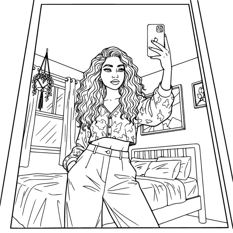 mixed race girl long curly hair posing with iphone in mirror close up  in bedroom cool girl aesthetic